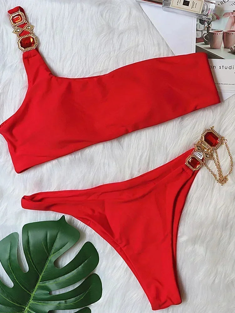 2026 Shiny Rhinestone Diamond Bikini Women Swimsuit Female Swimwear Two Pieces Bikini Set Halter Metal Chains Bathing Suit Swim