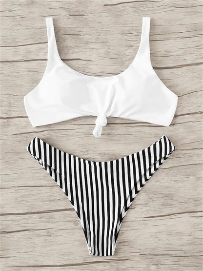 Sexy Micro Bikini 2026 Women Swimsuit Scoop Neck Striped Swimwear Knot Bow Fringe Summer Beachwear Bathing Suit Push Up Biquini