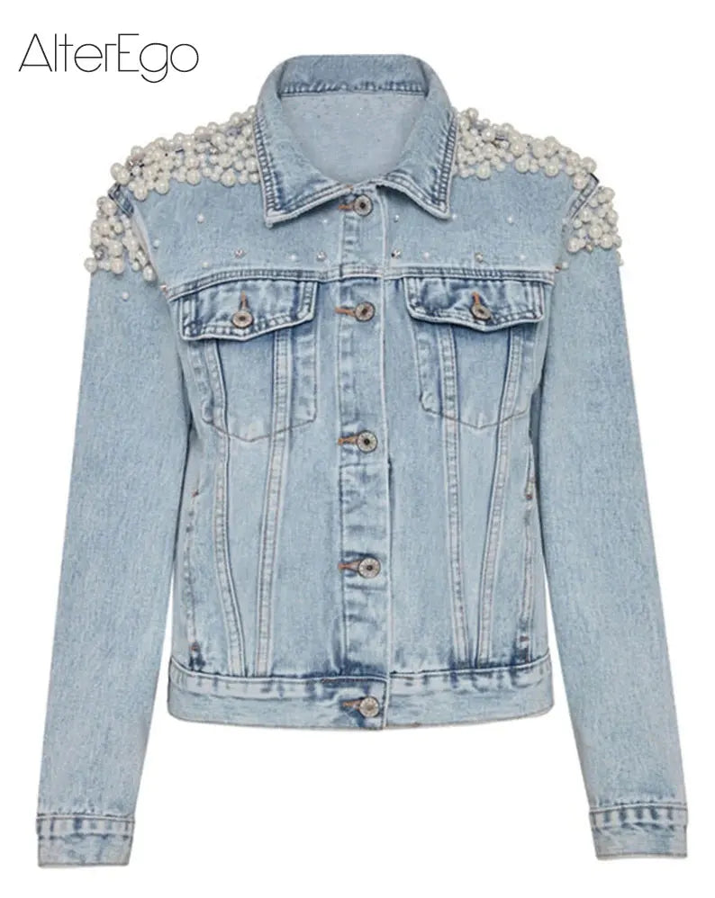 Luxury Jean Jackets Bride Pearl Denim Coat Bridal Pearls Coats Future Denim Outerwear Wedding Women's Clothing 2023 Solid Jacket