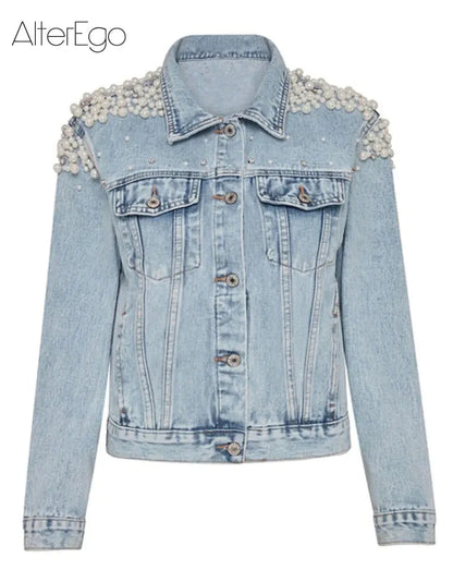 Luxury Jean Jackets Bride Pearl Denim Coat Bridal Pearls Coats Future Denim Outerwear Wedding Women's Clothing 2023 Solid Jacket