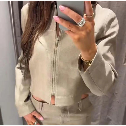 Casual Coats Pants Sets Women'S Turn-down Collar Long Sleeve Zippers Tops High Waist  Trousers 2026 Spring New Lady Chic Suit