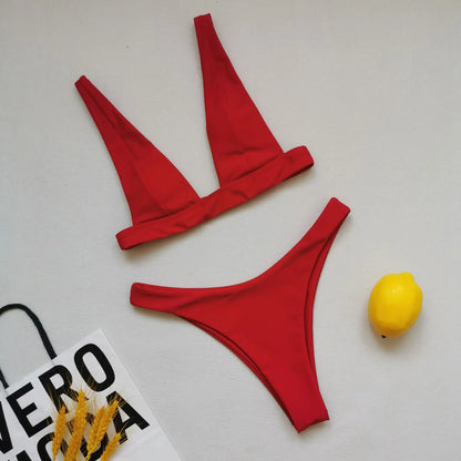 2023 New Sexy Solid Bikini Women V-neck Swimwear Two Pieces Swimsuit Female Low Waist Bikini Set Brazilian Bathing Suit Bathers