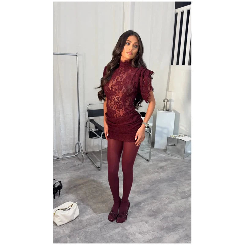 Lace Patchwork Pleated Mini Dress Lady Sexy High Collar Sleeveless Cinched-waist Slim Dresses Women 2026 Evening Party Vestidos