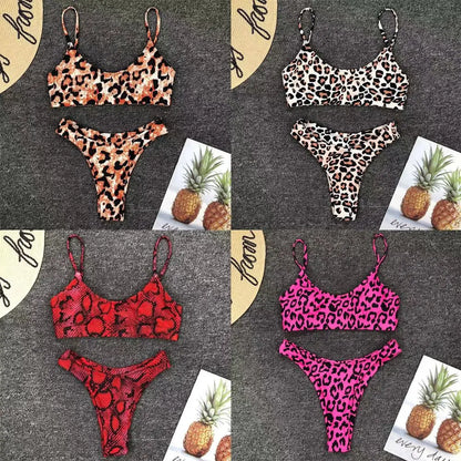 New Sexy Leopard Print Bikini Solid Swimsuit Women Split Swimwear Push Up Bikini Set Brazilian Bathing Suit Summer Beach Wear