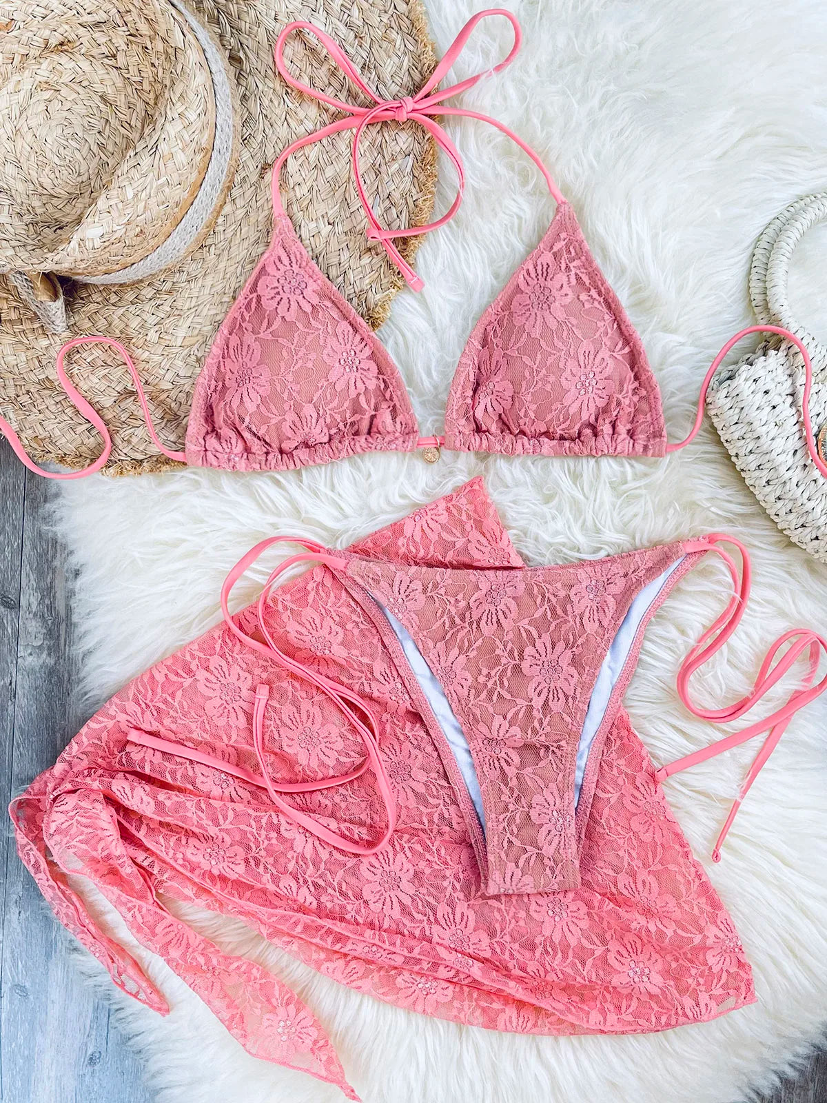 Lace Fabric Three-pieces Swimsuit Set With Sarong Bikini Inspired Women's Swimwear Beachwear Bathing Suit Vacay Outfit Biquini
