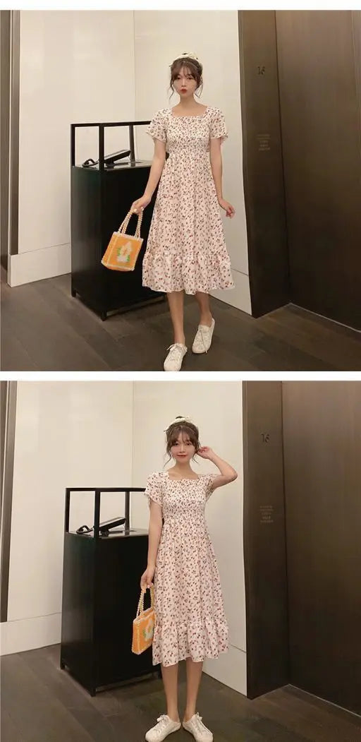 2025 Spring Summer New Dress Women Mini Dresses Female Short Sleeve Elastic Bust Printed Floral Pleated Backless Casual Dress