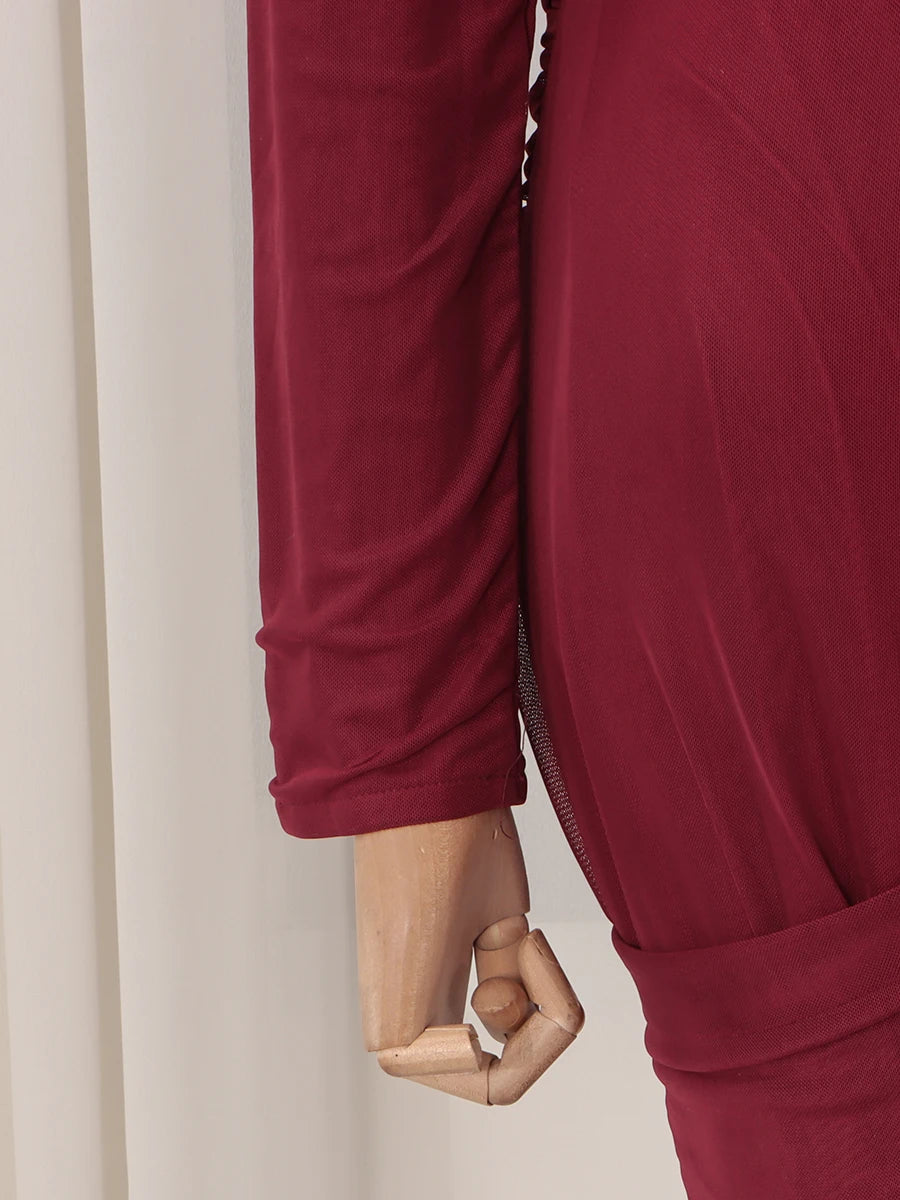 VGH Elegant Vintage Spliced Ribbon Dresses for Women Turtleneck Long Sleeve Irregular Folds Evening Luxurious Maxi Dress Female