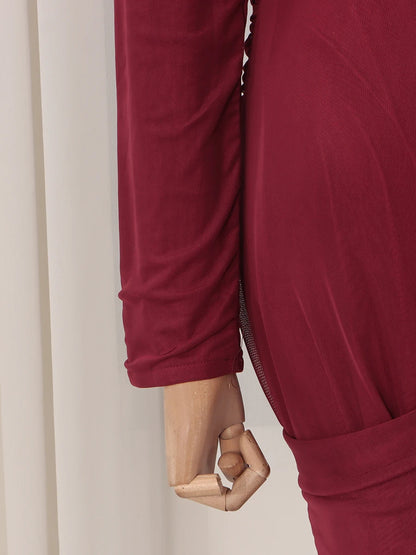 VGH Elegant Vintage Spliced Ribbon Dresses for Women Turtleneck Long Sleeve Irregular Folds Evening Luxurious Maxi Dress Female