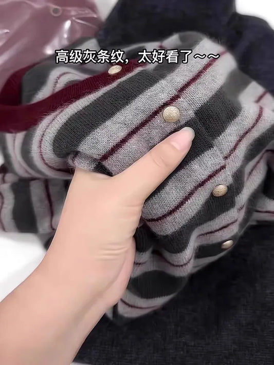 European goods striped cashmere cardigan women spring and autumn new round neck soft waxy senior sense wool knit sweater coat