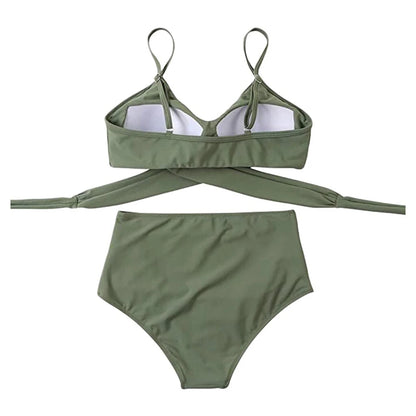 Hot 12 Colors Women Slim Bikini Sets High Waisted Sexy Swimwear 2 Pieces 2025 Solid/Floral Ruched Brazilian Swimsuit Cross Front