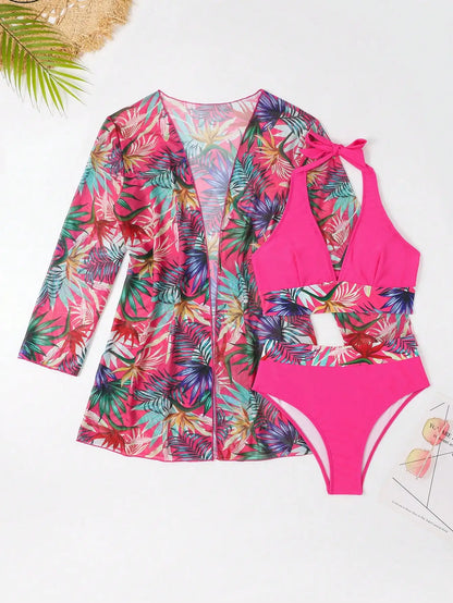 Halter Print Bikini 2026 Women Swimsuit With Kimono High Waist Swimwear Female Bathers Bathing Swimming Swim Suit Beachwear