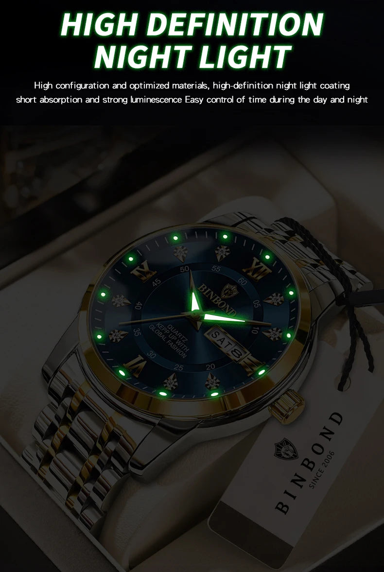 BINBOND Luxury quartz wristwatches luminous waterproof week auto date men's watch business sport clock fashion casual reloj