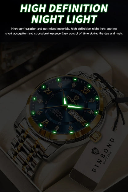 BINBOND Luxury quartz wristwatches luminous waterproof week auto date men's watch business sport clock fashion casual reloj