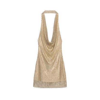 Sexy Diamond Halter Dress Women Shinny Sleeveless Backless V-neck Slim A-line Dresses Female 2026 Spring Summer Party Lady Robes