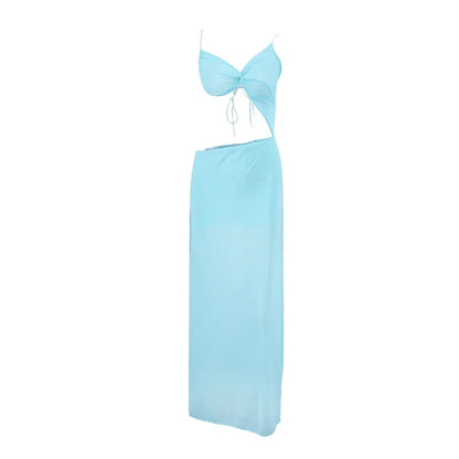 Sexy Chest Wrap Maxi Women's Dress White Backless Hip Package High Split Female Beach Dresses 2025 Summer Hollow Out Lady Robe