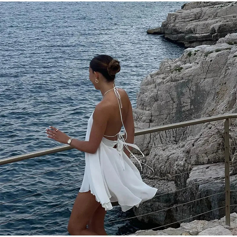Sexy White Halter Backless Short Dresses Back Lace Up Tie-Waist Sexy Summer Beach Party High-Street Mini Dress Vestido For Woman