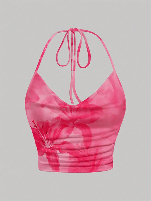 Tie-dye Floral Print Halter Top for Women Summer Y2K Clothes Sexy Backless Drape V-neck Crop Top Streetwear