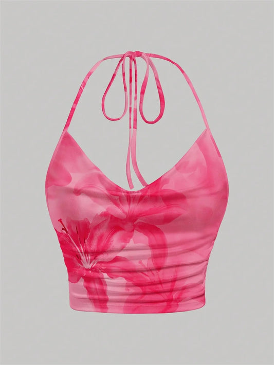 Tie-dye Floral Print Halter Top for Women Summer Y2K Clothes Sexy Backless Drape V-neck Crop Top Streetwear