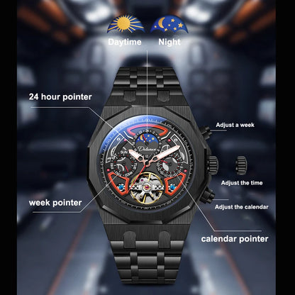 Luxury Tourbillon Watches Men Fashion Sport Rubber Strap Moon Phase Date Waterproof Automatic Mechanical Wrist Watch Man Reloj