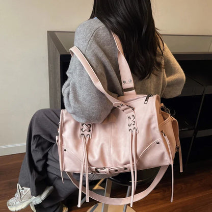 Retro Motorcycle Handbag Women Horizontal Tote Storage Tassel Design Pillow Shoulder Bag Trendy Large Capacity Soft Underarm Bag
