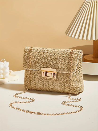 Woven Straw Handwoven Women's Shoulder Bag, Fashion Solid Color Crossbody Purse with Lock Closure