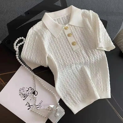 French High end Ice Silk Polo Shirt Women Summer Chic Thin Unique Jacquard Knitted Short Sleeve Loose White T-shirt Women Top