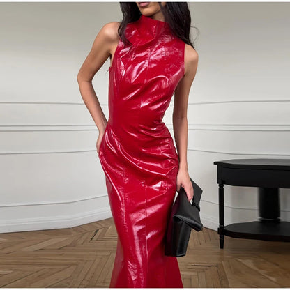 Sexy Turtleneck Leather Long Dresses 2026 Spring New Ladies Slim Sleeveless Bodycon Dress Women's Solid Nightclub Party Gowns
