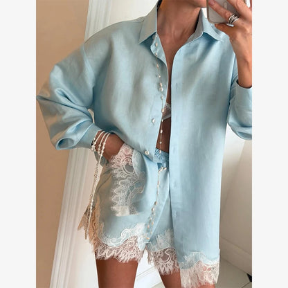 Solid Lapel Lace Patchwork Half Sleeve Shorts Set Women Chic Single Breasted Tops Pockets Pants Suits 2026 Daily Street Outfits