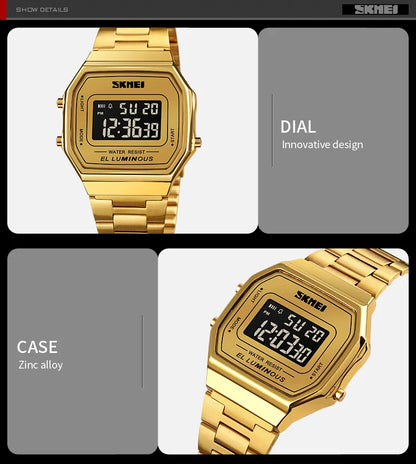 SKMEI 1647 Casual Simple Mens Wristwatches Stainless Steel Band Waterproof Watch Men reloj hombre Retro LED Digital Male Watches