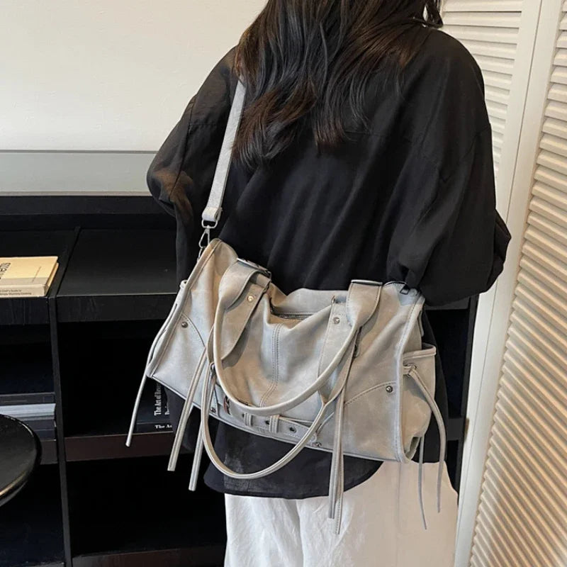 Retro Motorcycle Handbag Women Horizontal Tote Storage Tassel Design Pillow Shoulder Bag Trendy Large Capacity Soft Underarm Bag