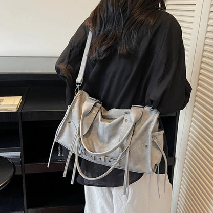 Retro Motorcycle Handbag Women Horizontal Tote Storage Tassel Design Pillow Shoulder Bag Trendy Large Capacity Soft Underarm Bag