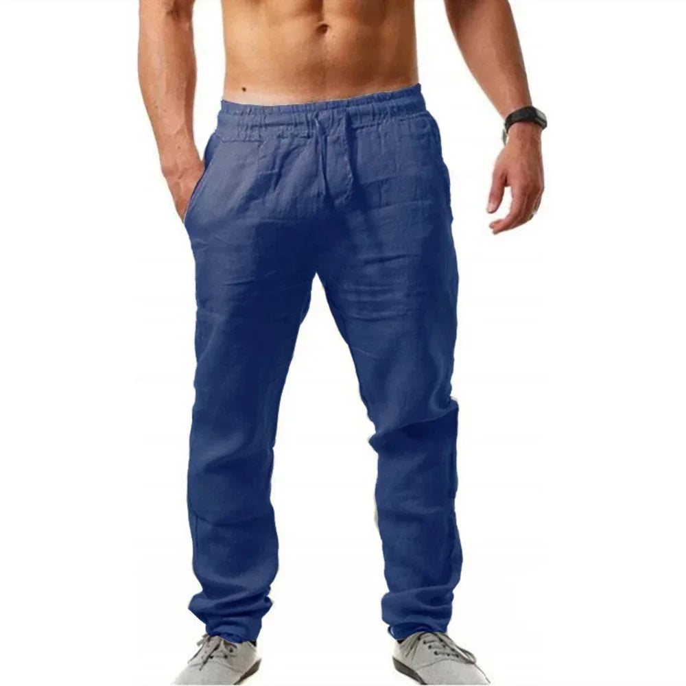 Men's Cotton Linen Pant Loose Breathable Elastic Waist Pants Solid Color Casual Jogging Fitness Trousers Summer Sports Sweatpant