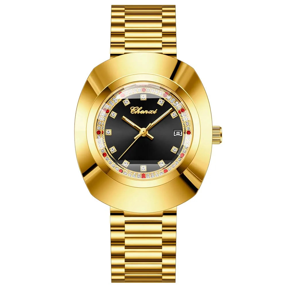 CHENXI Couple's Matching Quartz Watches Gold-Tone High-Fashion Diamond-Studded Waterproof Steel Bracelet Timepieces
