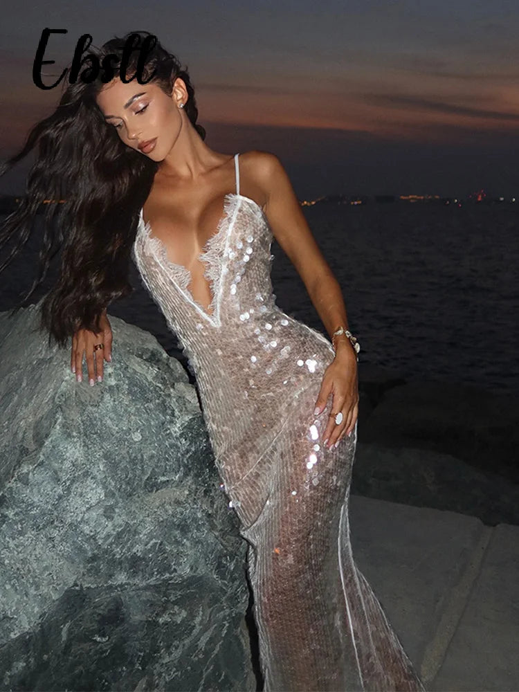 Sequins Lace Splicing Dress Women's Sexy V-veck Shiny Sleeveless Backless Sling Dresses 2026 Spring Summer New Ladies Beach Robe