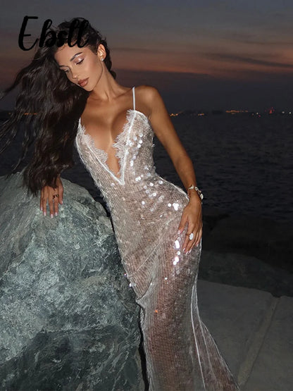 Sequins Lace Splicing Dress Women's Sexy V-veck Shiny Sleeveless Backless Sling Dresses 2026 Spring Summer New Ladies Beach Robe