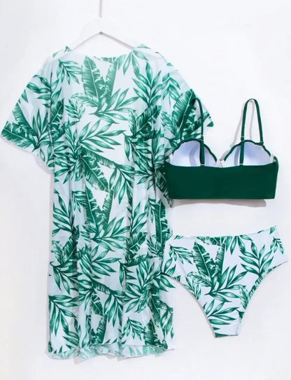 High Waist Leaf Print Bikini Swimsuit with Net Cover up Slimming Design Cross-Border New Style Women's Fashion Swimwear