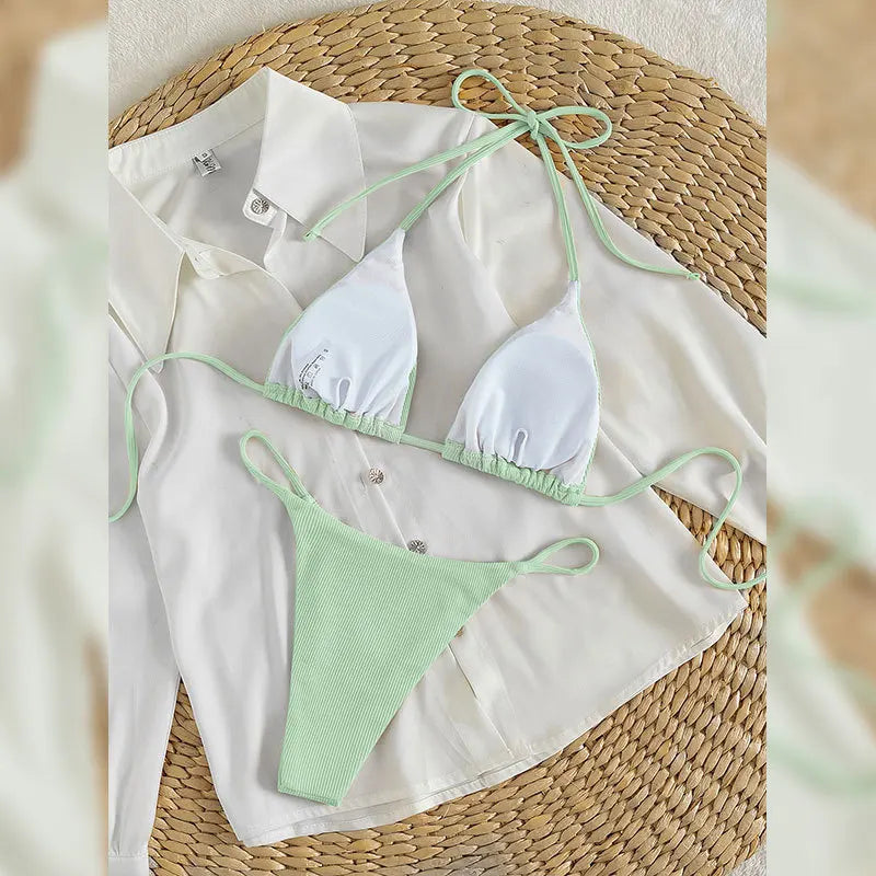 2025 Special Pit Stripe Fabric Bikini Set Women Sexy Simple Solid Halter Bikini Swimsuit High Waisted Lace Up Beach Bathing Suit