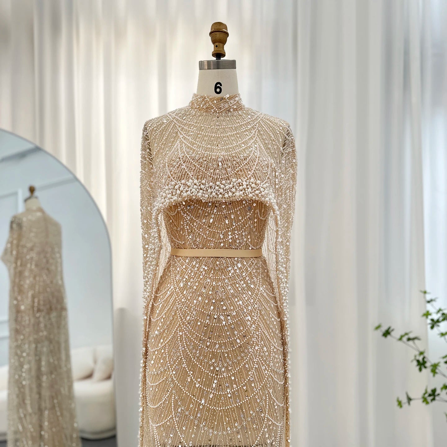 Sharon Said Luxury Pearls Dubai Champagne Evening Dresses with Cape New Arabic Women Mermaid Wedding Party Prom Dress SS369