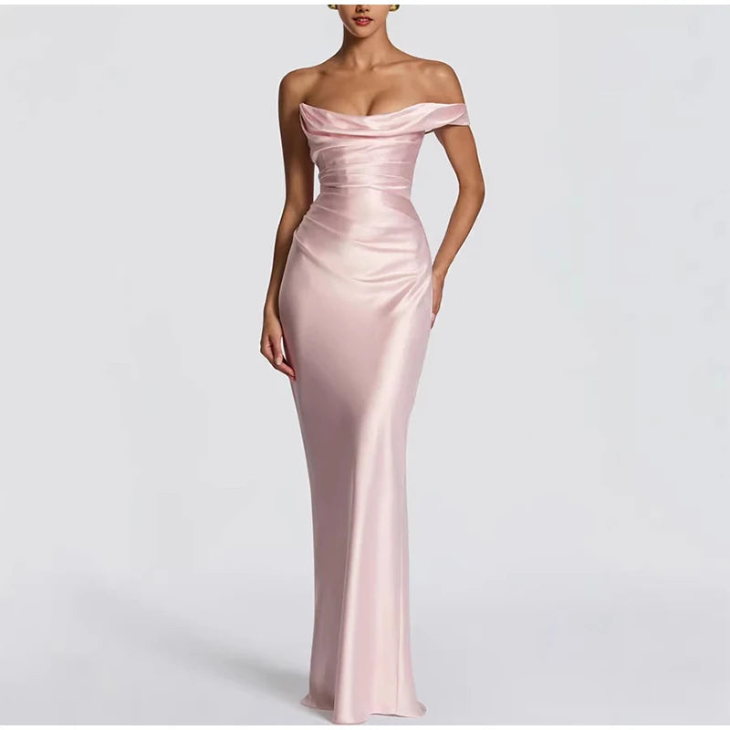 One Shoulder Satin Women 's Maxi Dress Cowl Neck Ruched Waist Bodycon Dresses 2026 Summer Woman Formal Evening Party Vestidos