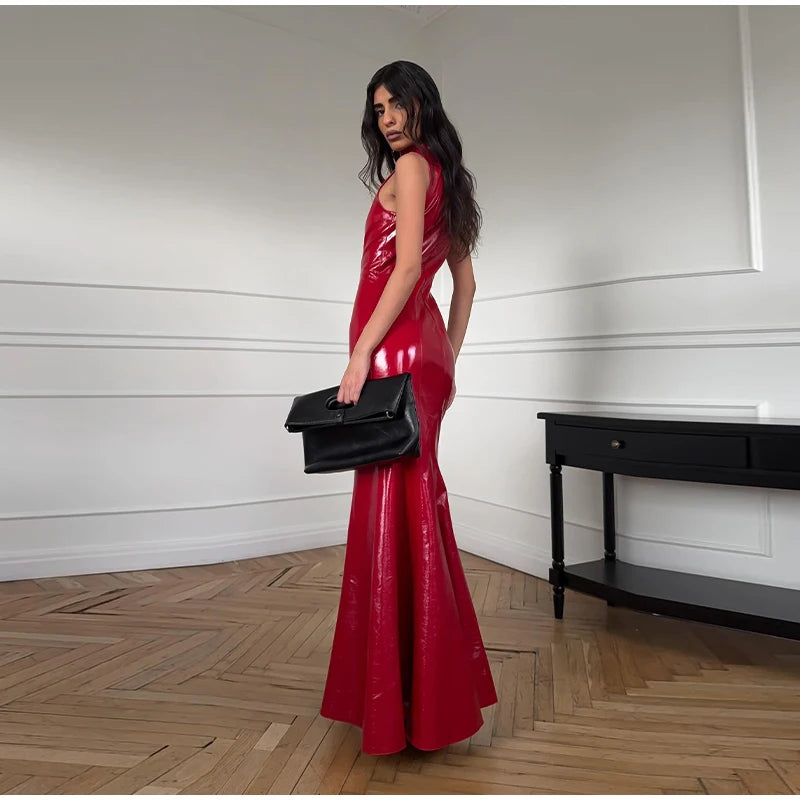 Sexy Turtleneck Leather Long Dresses 2026 Spring New Ladies Slim Sleeveless Bodycon Dress Women's Solid Nightclub Party Gowns