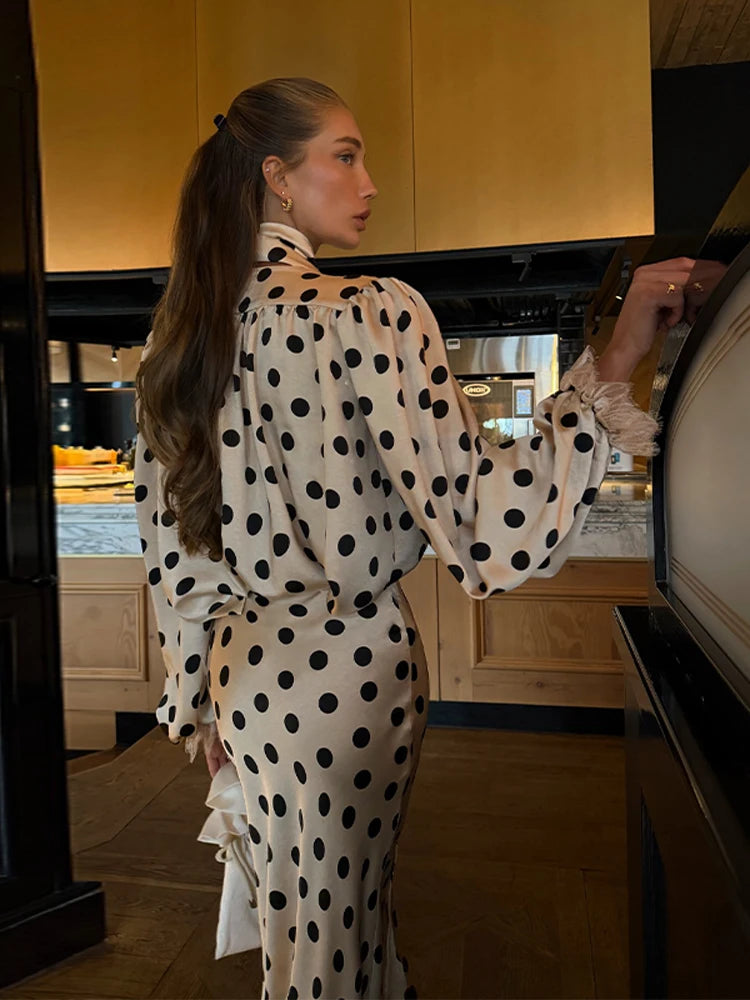 Satin Polka Dots V Neck Maxi Dress Suit Women Elegant Ribbon Full Sleeve Blouse Waist Cinching Long Skirt 2026 Lady Party Outfit