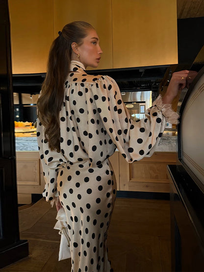 Satin Polka Dots V Neck Maxi Dress Suit Women Elegant Ribbon Full Sleeve Blouse Waist Cinching Long Skirt 2026 Lady Party Outfit