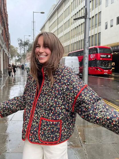 New Women's Floral/Gingham Print Lightweight Quilted Parkas Woman Long Sleeve Pockets Vintage Winter Jacket Coat Streetwear Tops