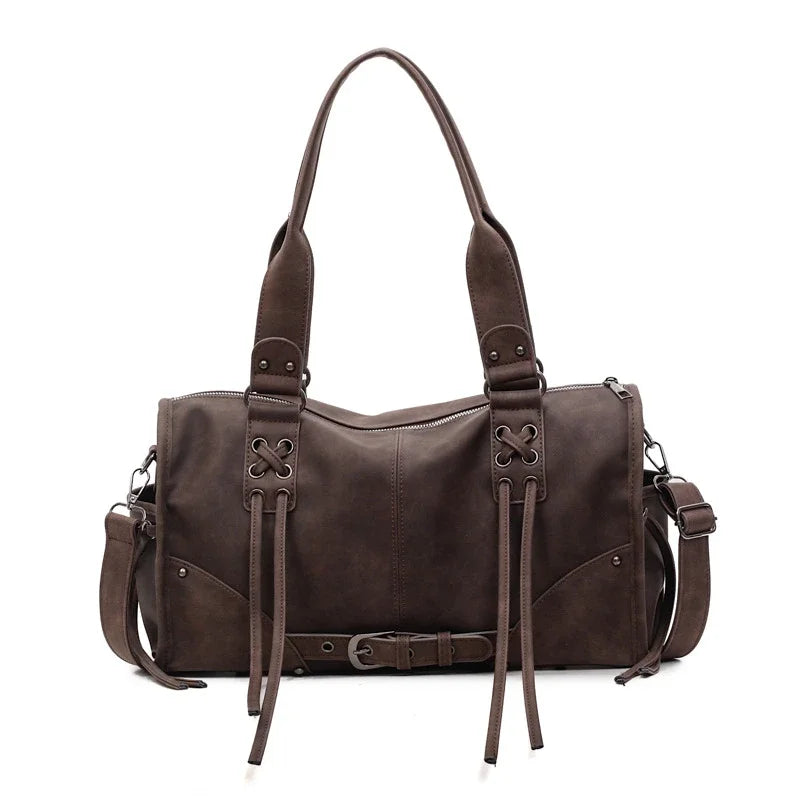 Retro Motorcycle Handbag Women Horizontal Tote Storage Tassel Design Pillow Shoulder Bag Trendy Large Capacity Soft Underarm Bag