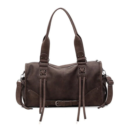 Retro Motorcycle Handbag Women Horizontal Tote Storage Tassel Design Pillow Shoulder Bag Trendy Large Capacity Soft Underarm Bag
