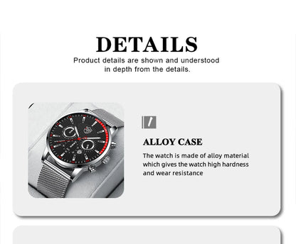 Mens Fashion Sports Watches Men Business Casual Quartz Wrist Watch Luxury Silvery Mesh Belt Watch