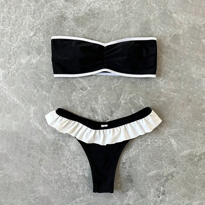 Women's Strapless Swimsuit 2-piece Suit Solid Color Patchwork Push Up Ruffle Thong Beach Hot Spring Bikini Set 2026 New Swimwear