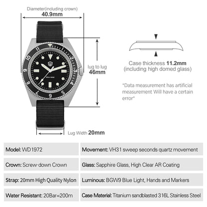 Watchdives WD1972 Quartz Watch VH31 Sweep Seconds Movement Sapphire Crystal BGW9 Luminous 20Bar Waterproof Vintage Men Watches