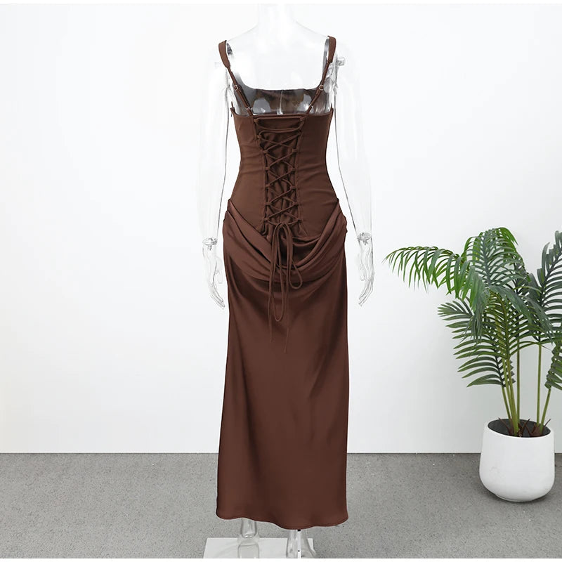 Solid Pleated Sling Dress Women Square Neck Sleeveless Off-shoulder Waist Cinching Slim Dresses Lady Evening Party Gowns 2025