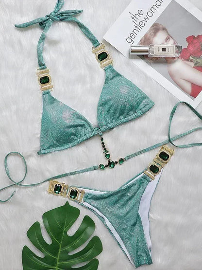 2026 Shiny Rhinestone Diamond Bikini Women Swimsuit Female Swimwear Two Pieces Bikini Set Halter Metal Chains Bathing Suit Swim